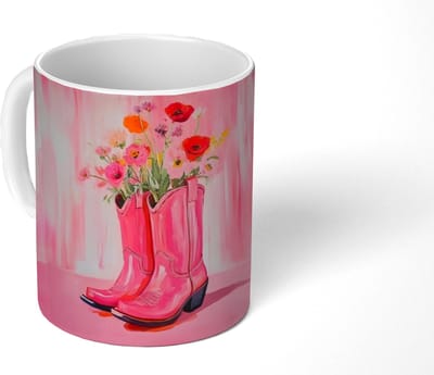 Mok - Koffiemok - Roze - Bloemen - Cowboy - Mokken - 350 ML - Beker - Koffiemokken - Theemok