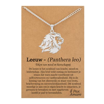 Leeuw Kop Ketting op Cadeau Kaartje Zilverkleurig - Stoere Leeuwen Hanger - Roestvrij Staal / Stainless Steel - 60cm - Pax Amare