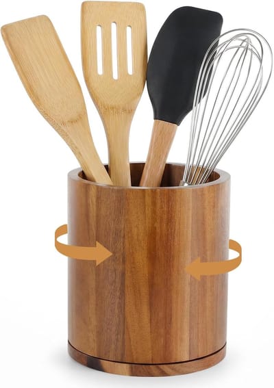 bambus keukengerei houder, 360° draaibare keukengerei houder voor aanrecht, ruimtebesparende bestekbak & kochlöffelhouder (18.5×15.5×15.5cm, bruin)