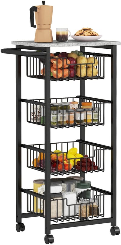 Keukenwagen - 4 Lades Metalen Kar - Met Werkblad En Wielen - Verrijdbaar En Afsluitbaar - Voor Keuken En Huis - Zwart