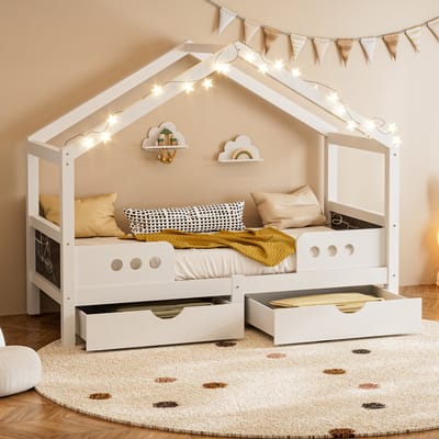Kinderbed - 90 x 200 cm - Met Dakje en 2 Grote Lades - Huisbed Design - Hout en MDF