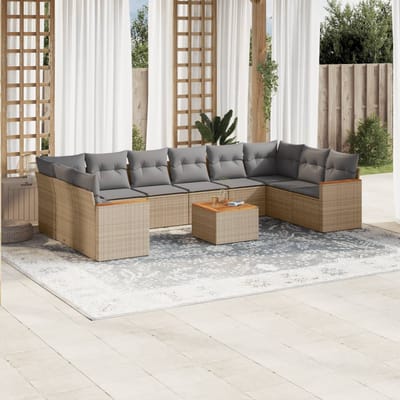 vidaXL - 11-delige - Loungeset - met - kussens - poly - rattan - gemengd - beige