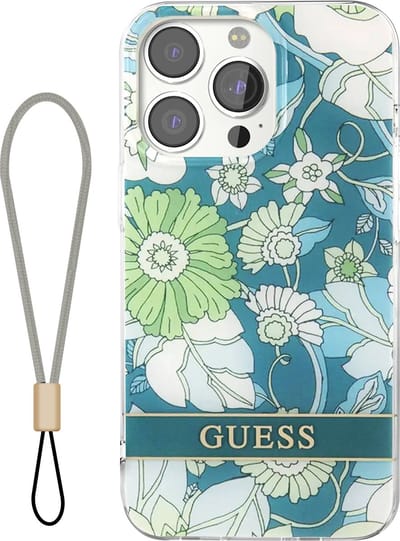 GUESS, Hoesje geschikt voor Apple iPhone 13 Pro - Flowers met Nylon Koord, Blauw