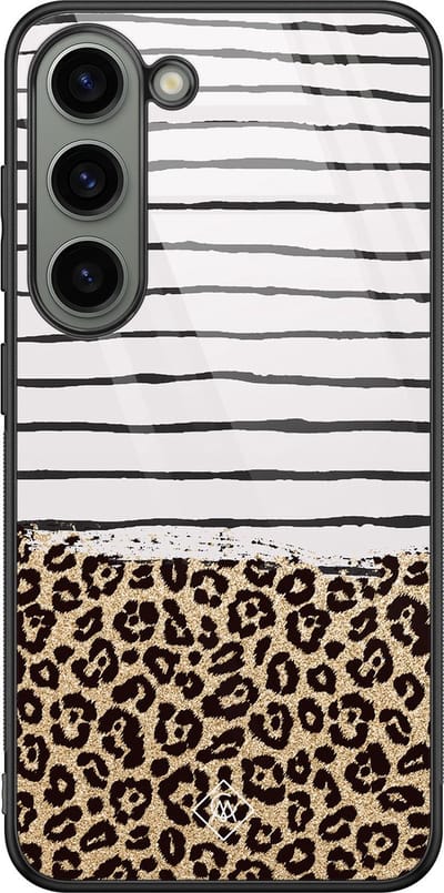 Casimoda® hoesje - Geschikt voor Samsung Galaxy S23 - Luipaard strepen - Luxe Hard Case Zwart - Backcover telefoonhoesje - Bruin/beige
