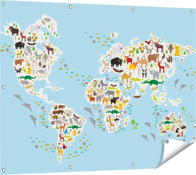 Gards Tuinposter Wereldkaart met Dieren - 120x90 cm - Tuindoek - Tuindecoratie - Wanddecoratie buiten - Tuinschilderij