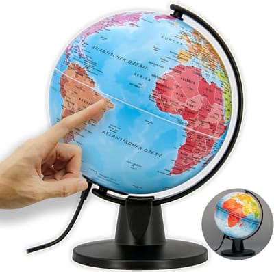 Famanu – Educatieve globe voor scholieren 16 cm, compacte lichtgevende wereldbol met moderne kaart