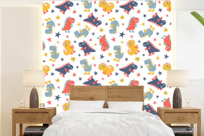 Behang - Fotobehang Patronen - Dino - Sterren - Jongens - Jongetje - Baby - Kinderen - Kids - Breedte 220 cm x hoogte 240 cm