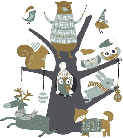 Kerststicker: De magische boom van bosdieren - Kerststickers - Feestelijke decoraties - 60x90cm