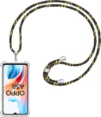 Telefoonkoord + Hoesje Geschikt voor OPPO A38 4G - Lengte Verstelbaar - Telefoonketting - Shock Proof Case - Zwart Goud