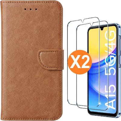 Hoesje geschikt voor Samsung Galaxy A15 5G / 4G hoesje bookcase Bruin - Met screenprotector tempered glass Galaxy A15 - 2x