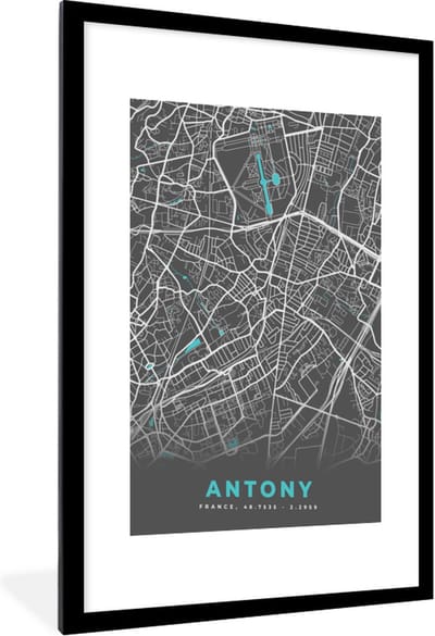 Fotolijst incl. Poster - Antony - Kaart - Plattegrond - Stadskaart - Frankrijk - 60x90 cm - Posterlijst
