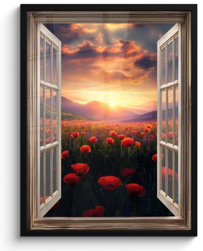 Poster in lijst - Fotolijst 50x70 cm - Posters - Doorkijk - Klaprozen - Bloemen - Rood - Open raam - Posterlijst zwart - Decoratie - Wanddecoratie woonkamer - Muurdecoratie slaapkamer