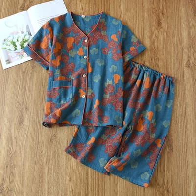 Nieuwe Dames Pyjamaset Lente en Zomer 100% Katoen Crêpe Korte Mouwen + Cropped Broek Tweedeelig Set Dames Dunne Huispak Cardigan XL brown