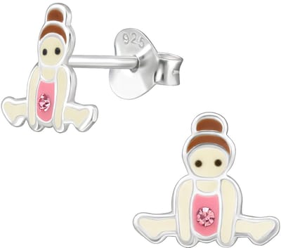 Joy|S - Zilveren ballerina turnster oorbellen - 9 x 8 mm - creme met roze met roze kristalletje - oorknoppen - kinderoorbellen - sterling zilver 925
