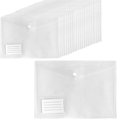 60 stuks A4 Popper Seal plastic mappen met labelhouder, doorzichtige documentenportefeuilles voor kantoor, school en papierorganisatie, 32,3 x 23 cm, ideaal voor archivering en opslag