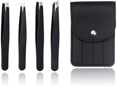 JHUBERS- Pincet Set - 4 Roestvrijstalen Pincetten - Wenkbrauwpincet/Precisie Pincet - Antislip Coating - Ergonomisch Ontwerp - Leren Etui