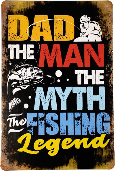 Wandbord - Dad the fishing legend - Metalen wandbord - Mancave - Mancave decoratie - Vissen - Metalen borden - Metal sign - Bar decoratie - Tekst bord - Wandborden – Bar - Wand Decoratie - Metalen