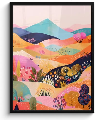 Poster in lijst - Fotolijst 60x80 cm - Posters - Golvende heuvels - Abstracte planten - Dromerig - Posterlijst zwart - Decoratie - Wanddecoratie woonkamer - Muurdecoratie slaapkamer
