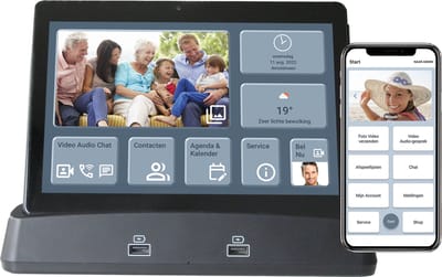 Zorg-Tablet met Gratis Prifora App. Verbind hele familie met Beeldbellen. Ideaal voor Mantelzorgers en Zorgverleners. Eenvoudig bedienen, ook op afstand met App. Basis Station Speakers voor goed geluid, draadloos opladen, Automatisch Diashow