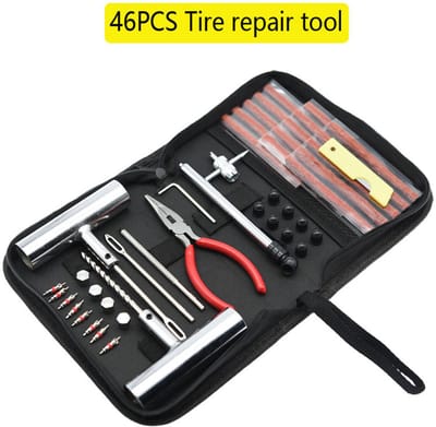 Noodreparatieset voor buitenbanden - Universele reparatieset voor tubeless banden, inclusief bandenreparatiegereedschap, tang en gereedschapstas - 46 stuks.