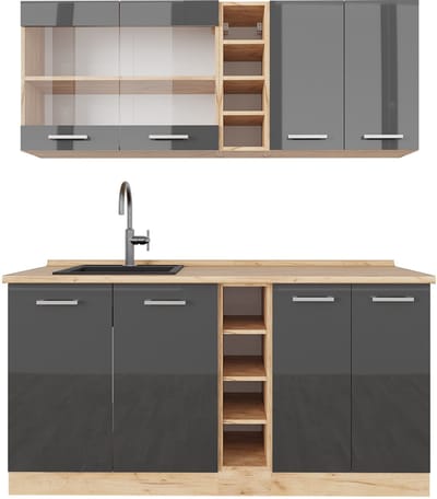 Vicco R-Line Eenpersoonskeuken – 160 cm, WB Eik Antraciet hoogglans/goud eiken