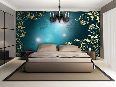 Floral Pattern Gold Blue Photo Wallcovering