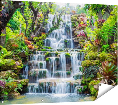 Gards Tuinposter Tropische Waterval in Thailand - 120x90 cm - Tuindoek - Tuindecoratie - Wanddecoratie buiten - Tuinschilderij