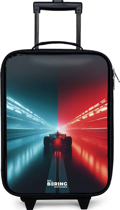 NoBoringSuitcases.com® - Kinderkoffer jongen - Kindertrolley meisje - Baan - Raceauto - Neon - Rood - Koffer kind lichtgewicht - Reiskoffer trolley voor kinderen - Koffertje met lichtgevende wieltjes - Rolkoffer zwart