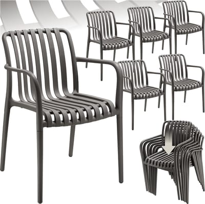 tectake® Set van 6 Tuinstoelen Alcudia - Antraciet - Kunststof Stoelen met Armleuning - Tuinset voor om de Tuintafel of op de Camping - Stapelbaar - Stoelen voor Tuin, Terras of Balkon - Weerbestendig en UV-bestendig - Draagkracht 120kg per Tuinstoel
