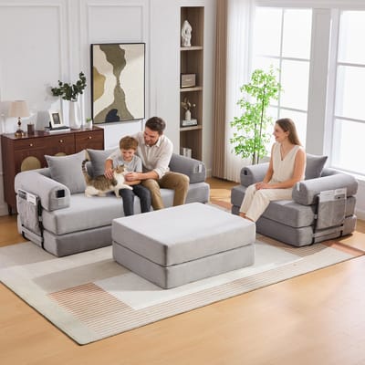 DESMIU Bank Set 200 x 94 x 67 cm - Modulaire 4-Zits Met Hocker En Opbergtas - Vrij Combineerbaar Voor Woonkamer Of Appartement - Cord Lichtgrijs
