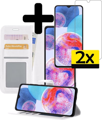 Hoesje - Met 2x Screenprotector - Geschikt voor Samsung Galaxy A23 - Luxe Pasjeshouder - Bookcase Portemonee - Flip Case - Kunstleer Book Case - Flipcase Hoes - Book Cover - Walletcase - Portemonneehoes - Telefoonhoesjes - Wit