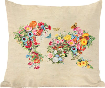 Sierkussens - Kussentjes Woonkamer - 60x60 cm - Wereldkaart - Bloemen - Vlinder - Bruin papier