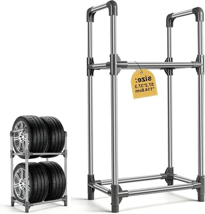 Tire Rack voor 4 Banden met Beschermhoes, 57 x 37 x 114 cm, Ideaal voor Garage en Werkplaats, Stalen Bandenhouder en Velgenstand