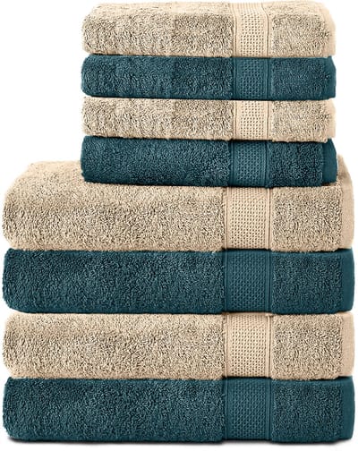 Komfortec Handdoekenset – Set van 8 - 4x Handdoek 50x100 cm en 4x Badhanddoek 70x140 cm - 100% Katoen - Petroleumblauw&Beige