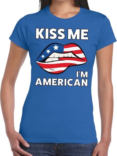Kiss me I am American t-shirt blauw dames - feest shirts dames - USA kleding XS