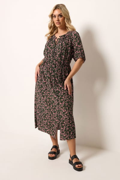 Yours Zwarte Maxijurk Met Fijne Bloemenprint En Fijne Plooien Size 42