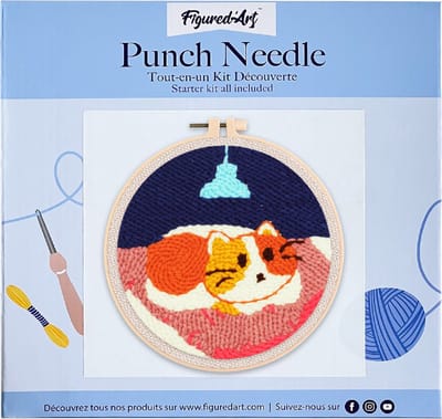 Figured'Art Punch Needle Kit voor Volwassenen en Kinderen - Een kat in zijn bed - Perfect voor Beginners. Compleet klaar-om-te-borduren set, maat 20x20 cm met ronde frame