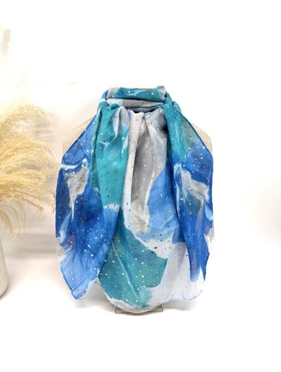 Lange dames sjaal Charlie-gebloemd motief-blauw wit groen grijs goud