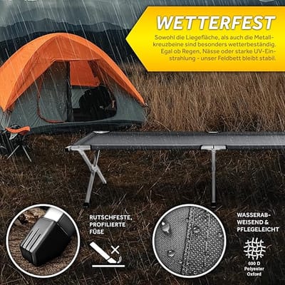 Opvouwbaar XXL Campingbed Veldbed 210x90x42 cm – Draagkracht 150 kg – Lichtgewicht 6 kg – Met Draagtas – Stevig Metalen Frame – Oxford Stof – Grijs