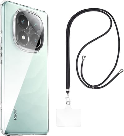Set met hoesje en nekband voor xiaomi redmi note 14 pro 5g / 14 pro plus 5g / poco x7 5g - Flexibele, transparante TPU-bescherming, verstelbare universele nekband voor mobiele telefoons, zwarte nekband, transparante draagriem van Phonillico®