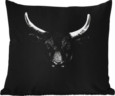Tuinkussen - Dieren - Stier - Zwart - Wit - Portret - 40x40 cm - Weerbestendig