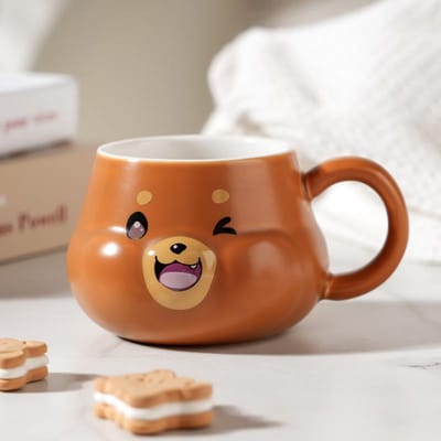 Tasse en Céramique Créative de Dessin Animé avec Couvercle Tasse à Eau pour Couple Ménager de Haute Valeur Coffret Cadeau Souvenir Mug Style Ins 400ml brown