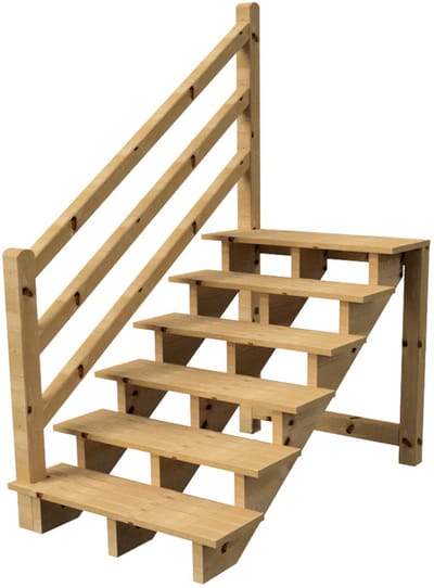 Vrijstaande buitentrap met houten trapleuning Links - H 6-treden 105cm B 120cm - zonder stootbord