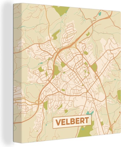 Canvas Schilderij Plattegrond - Velbert - Vintage - Kaart - Stadskaart - 20x20 cm - Wanddecoratie