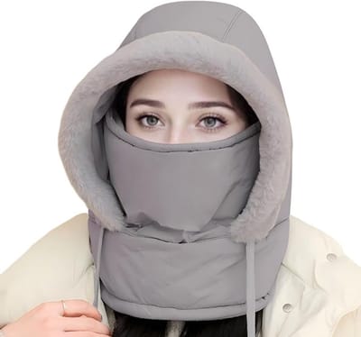 Warme bivakmuts voor dames, dikke zachte balaclava met trekkoord, 3-in-1 skimuts met nekwarmer - 100% polyacryl - lichtgrijs