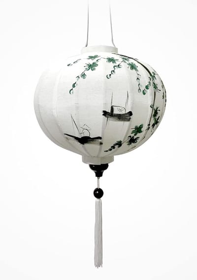 Aziatische Lampion - Linnen Decoratie - Sfeervolle Verlichting - Handbeschilderd Uniek - Diameter 38cm - Wit