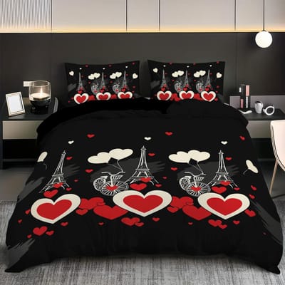 3-delige beddengoedset met hartjesprint, 1 dekbedovertrek+2 kussenslopen, geschikt voor slaapkamer van stellen en volwassenen, huisdecoratie 135x200cm-EU-Single black