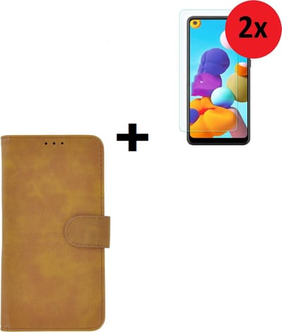 Geschikt voor Samsung Galaxy A21 hoes Effen Wallet Bookcase Hoesje Cover Bruin + 2x Tempered Gehard Glas / Glazen screenprotector (2 stuks) Pearlycase