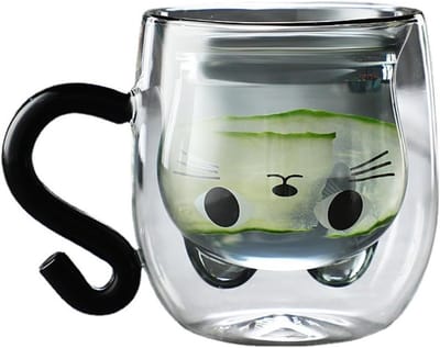 Schattige Kat Mokken met Dubbele Wand, Isolerende Glazen Koffiekopjes voor Dierenliefhebbers, Perfecte Verjaardagscadeaus van 300ml in Zwart