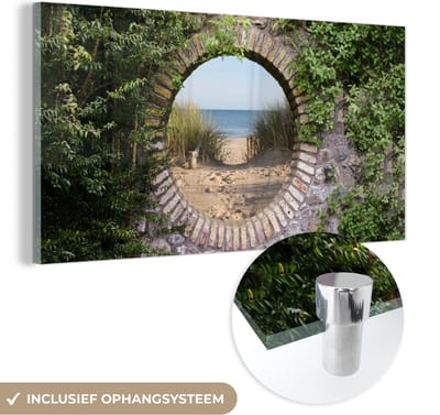 MuchoWow® Glasschilderij 40x20 cm - Schilderij acrylglas - Doorkijk - Strand - Duin - Zomer - Foto op glas - Schilderijen